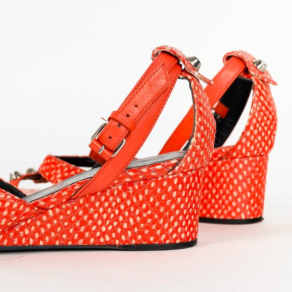 Balenciaga Orange Snakeskin-Embossed Studded Wedge Sandals - Picture 8 of 11